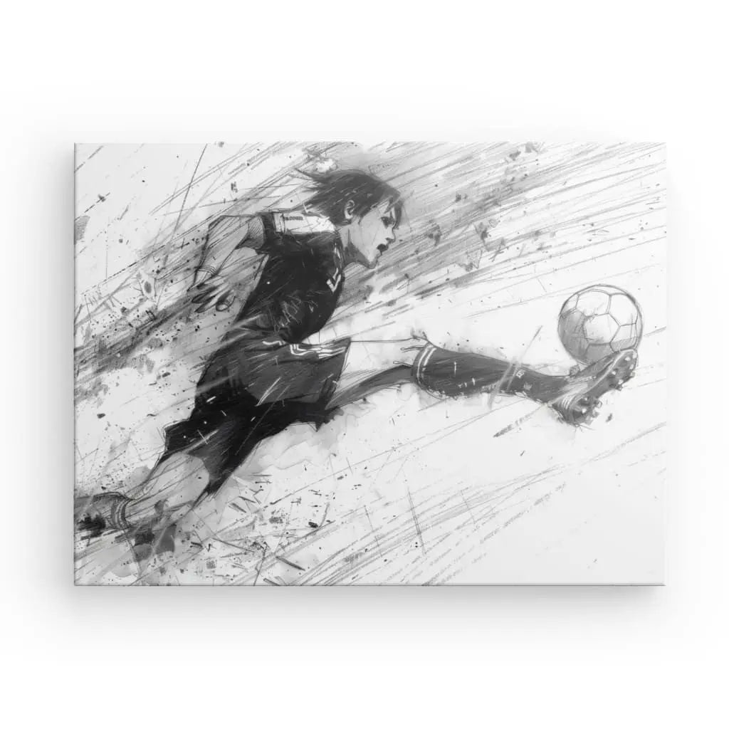 Croquis d'un joueur de football dans les airs, étendant une jambe pour taper dans un ballon de football, avec des lignes dynamiques suggérant un mouvement. Le style Tableau Dessin Manga Foot Noir et Blanc renforce l'énergie, rappelant l'art manga.