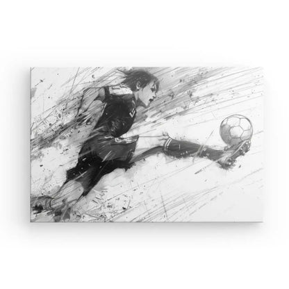 Un saisissant Tableau Dessin Manga Foot Noir et Blanc capture un joueur de football dans les airs, prêt à frapper un ballon de football avec son pied droit.