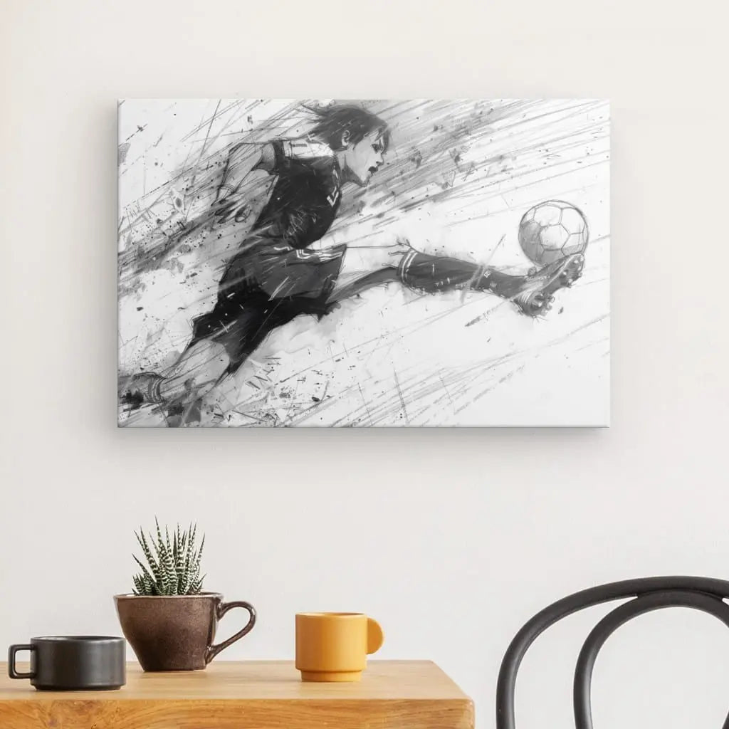 Le Tableau Dessin Manga Foot Noir et Blanc capture un joueur de football en plein air en train de taper dans un ballon. Cette superbe œuvre d'art mural en noir et blanc est présentée au-dessus d'une table en bois ornée d'une plante et de deux tasses, placée à côté d'une chaise noire, créant un élégant tableau noir et blanc.