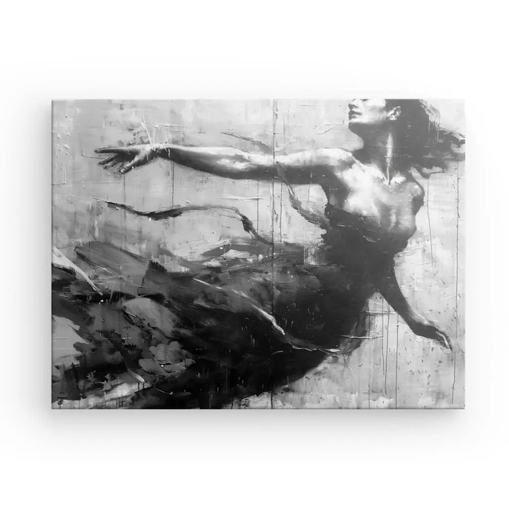 Monochrome painting of a dancing woman in elegant motion.