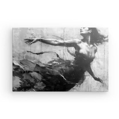 Monochrome painting of a woman in aerial dance motion.