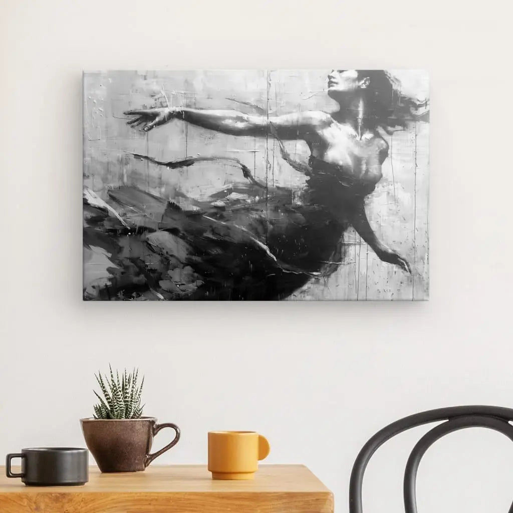 "Monochrome painting of a dancing woman for elegant home decor."