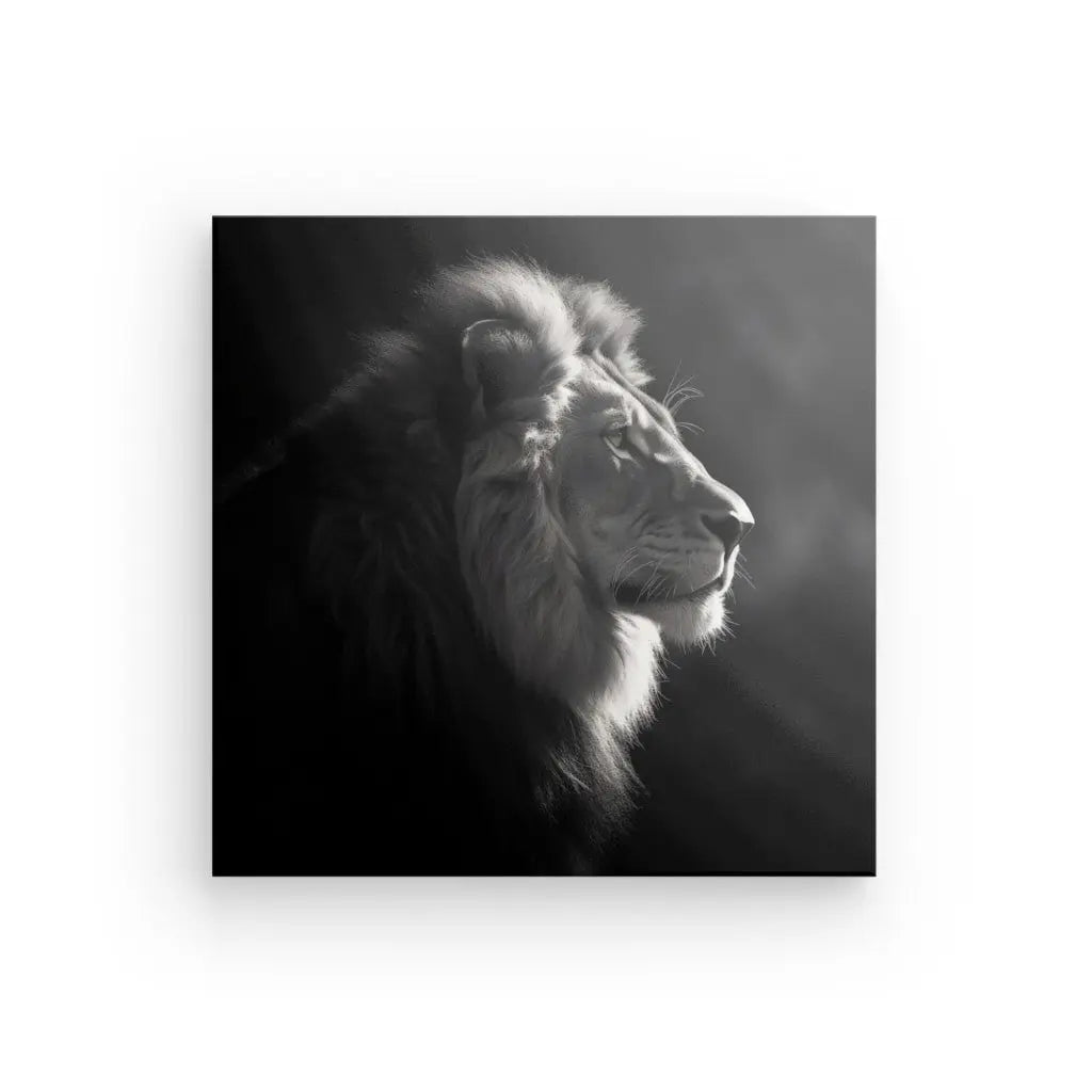 Tableau lion profil noir et blanc élégant pour décoration intérieure.