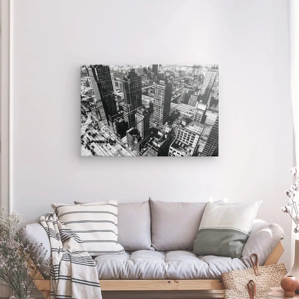 Monochrome cityscape art for modern architecture decor.