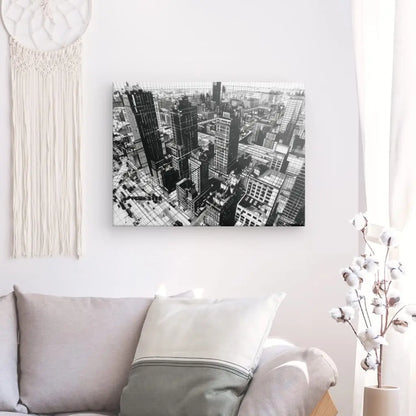 Monochrome modern architecture canvas artwork in stylish living room setting.