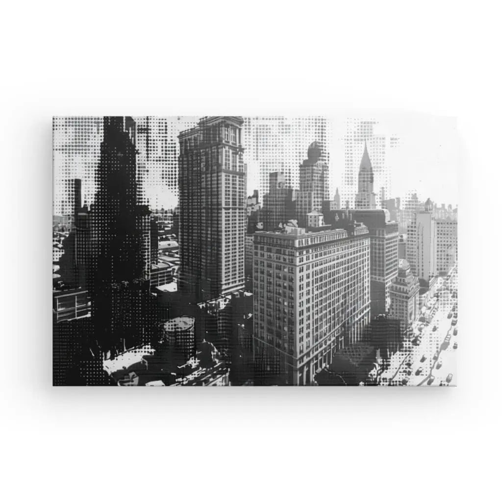 Black and white graphic skyline art of a cityscape.