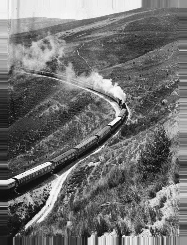 Le Tableau Train à Vapeur Paysage Noir et Blanc capture la locomotive à vapeur alors qu'elle émet de la fumée tout en traversant une voie ferrée courbe à travers un paysage vallonné et herbeux, créant une scène pittoresque.