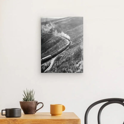 Tableau Train à Vapeur Paysage Noir et Blanc affiché sur un mur au-dessus d'une table avec deux tasses, une petite plante en pot et une chaise à proximité.