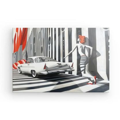 Le Tableau Dessin Moderne Noir Blanc Rouge présente une illustration en noir et blanc d'une voiture ancienne sur un fond à motifs géométriques. Une femme aux cheveux roux et à la tenue rayée se tient à côté de la voiture, tandis que des touches de rouge apportent du dynamisme à cette œuvre d'art contemporain.