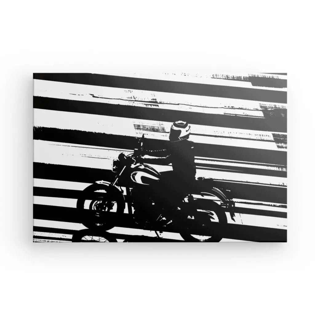 Tableau graphique noir et blanc moto sur fond rayé.