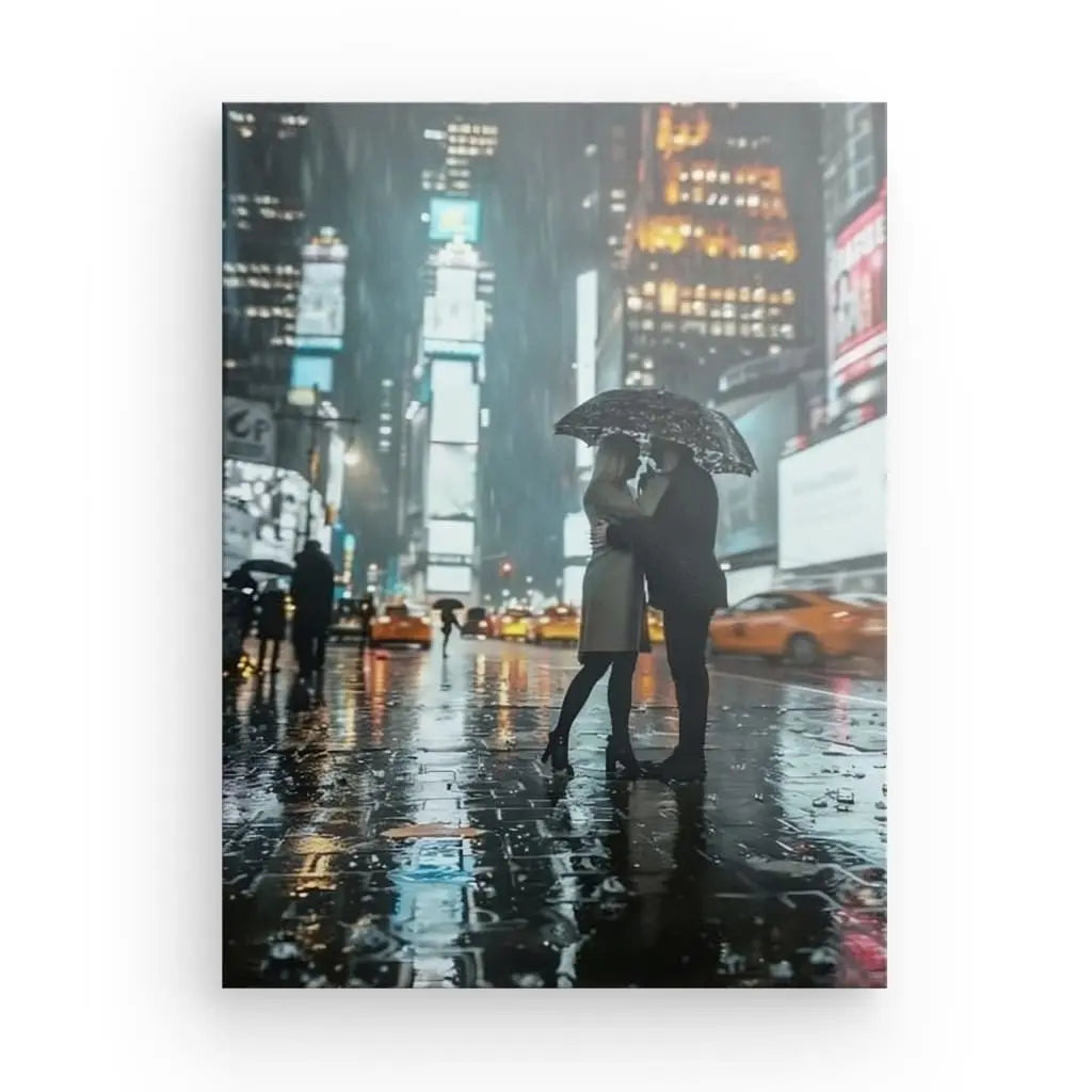 Romantic couple embracing under an umbrella in Times Square rain.