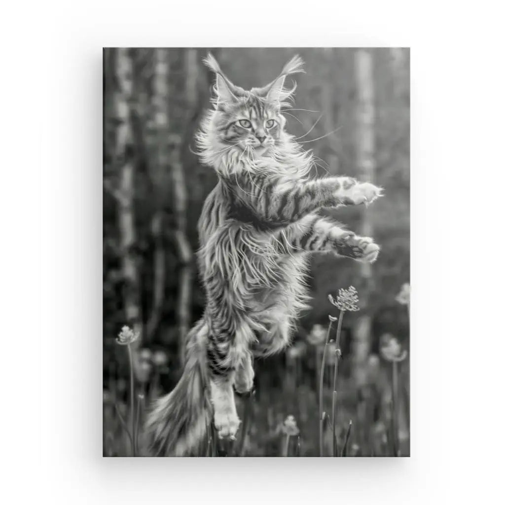 Tableau géant d'un Maine Coon sautant en noir et blanc.