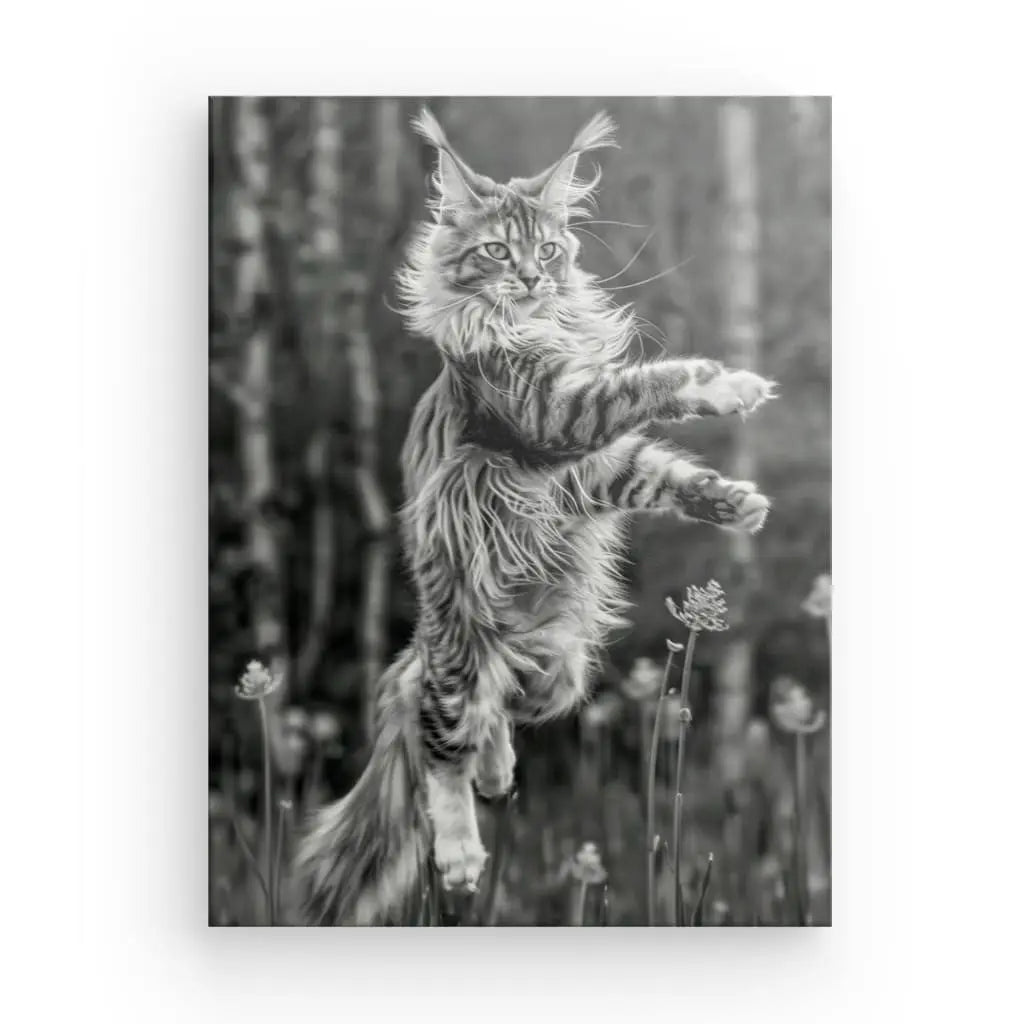 Maine Coon cat jumping elegantly in black and white photograph.