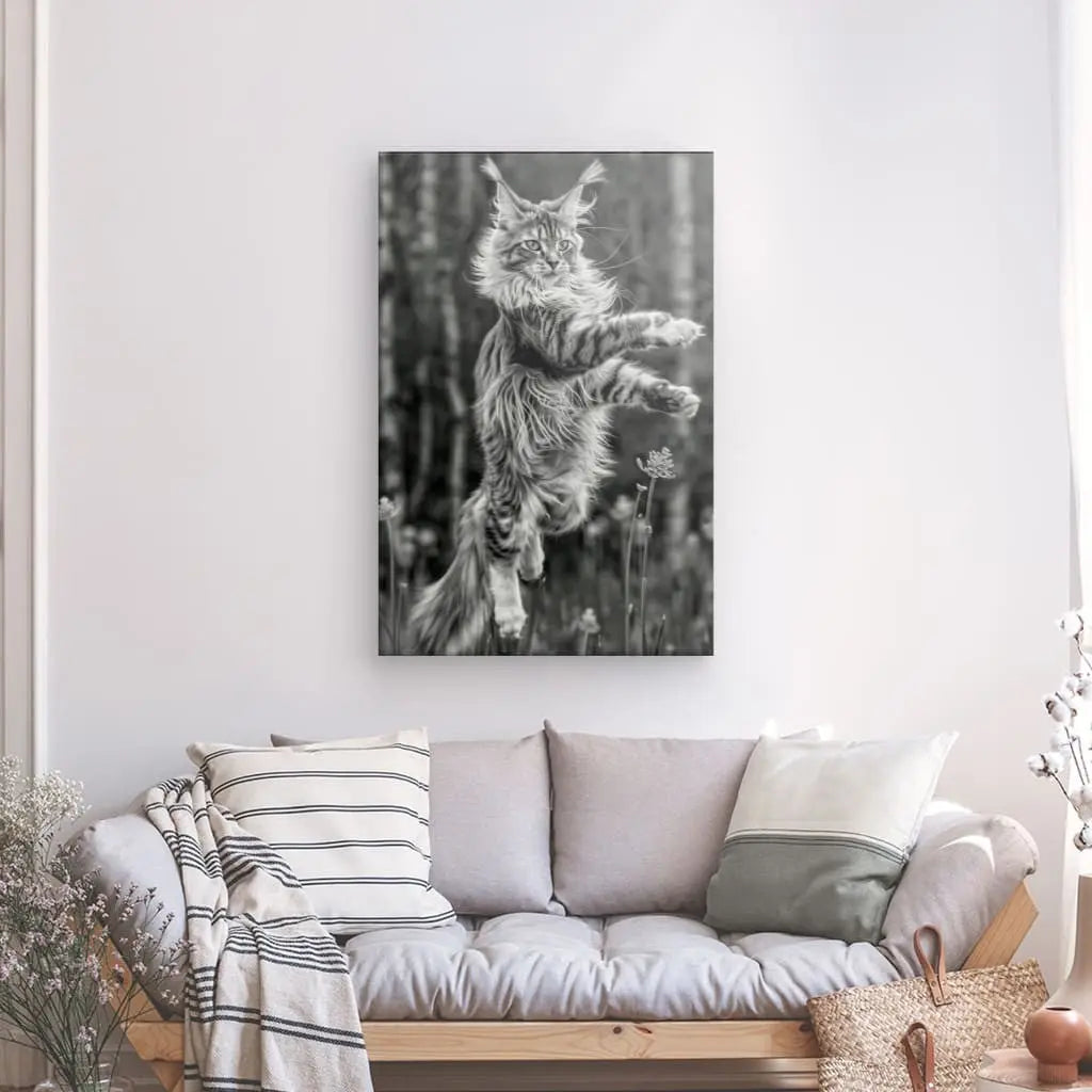 Tableau Photo Chat Géant Maine Coon Saut Noir et Blanc - #tag1# - #tag2# 
