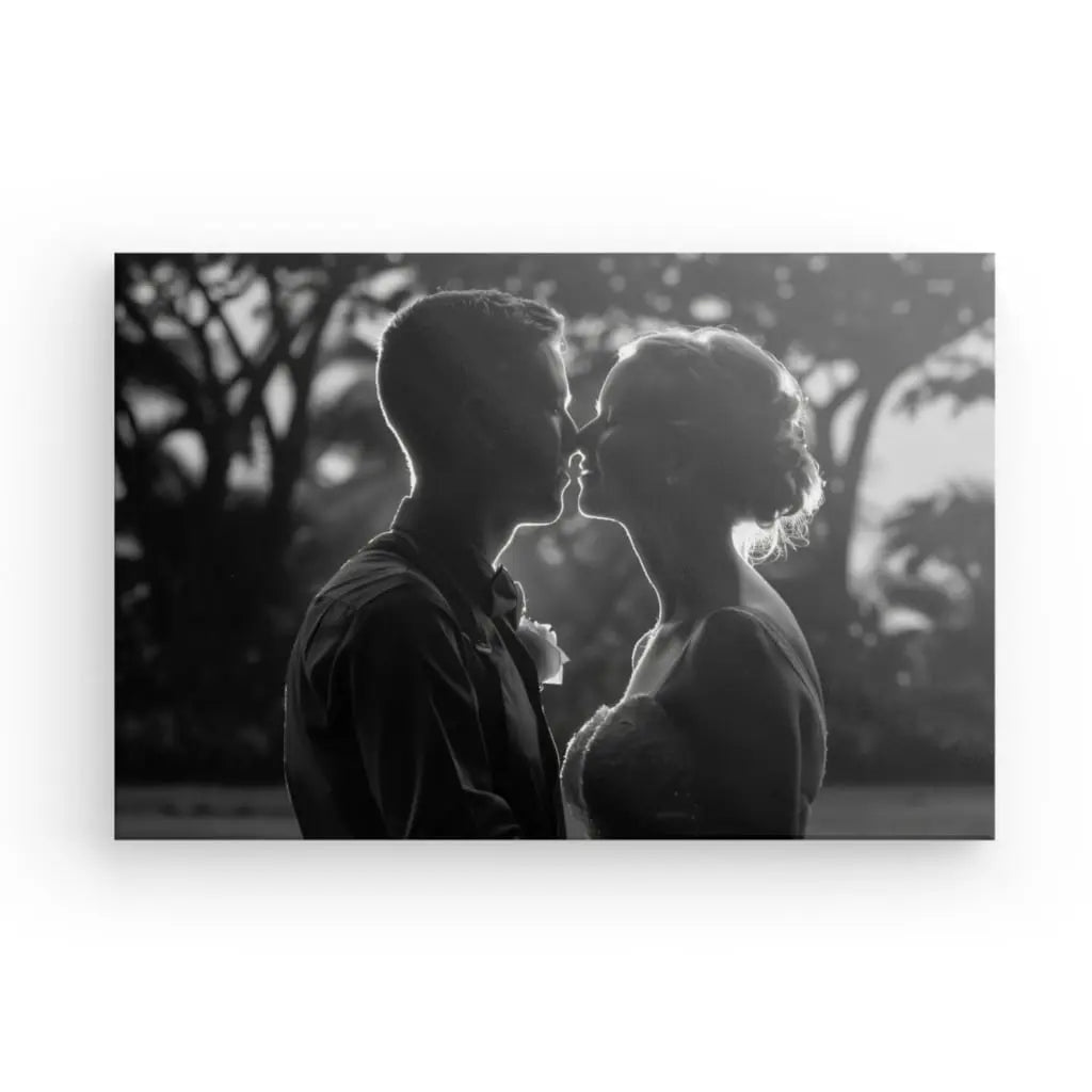 Tableau noir et blanc d'un couple s'embrassant, contre-jour romantique.