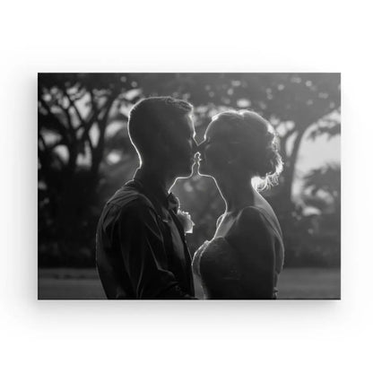 Couple kissing in black and white silhouette art print.