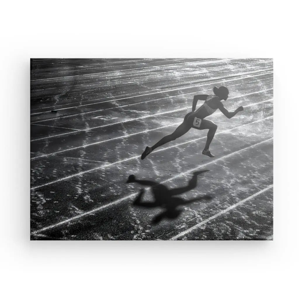 Capturé en pleine foulée sur une piste de course extérieure, le sprinteur du couloir 5 incarne le mouvement dynamique, son ombre étant bien visible sur la surface. Ce Tableau Athlétisme Coureur Noir et Blanc pourrait facilement être confondu avec une œuvre d'art sur toile de haute qualité.