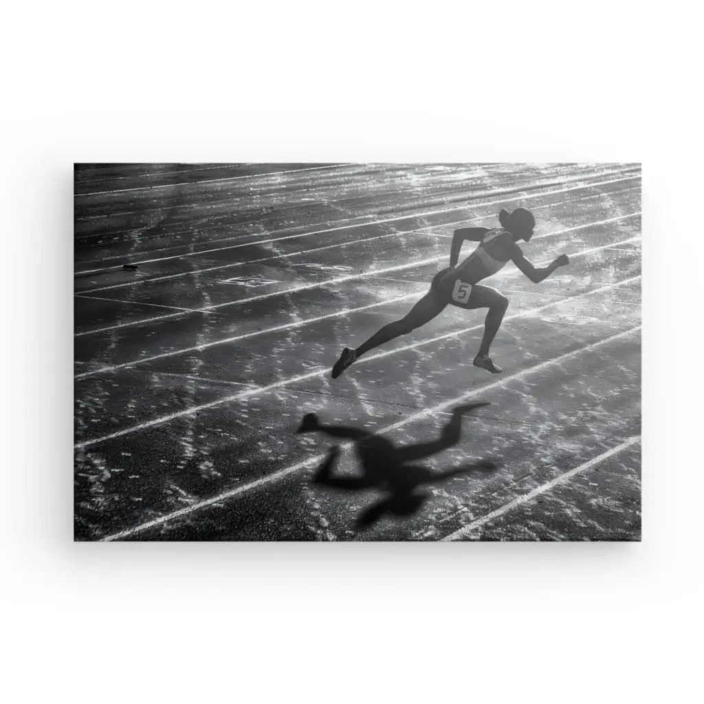 Un athlète portant un dossard, représenté dans le Tableau Athlétisme Coureur Noir et Blanc, sprinte sur une piste baignée de soleil. L’ombre de l’athlète est clairement visible sur la surface de la piste.