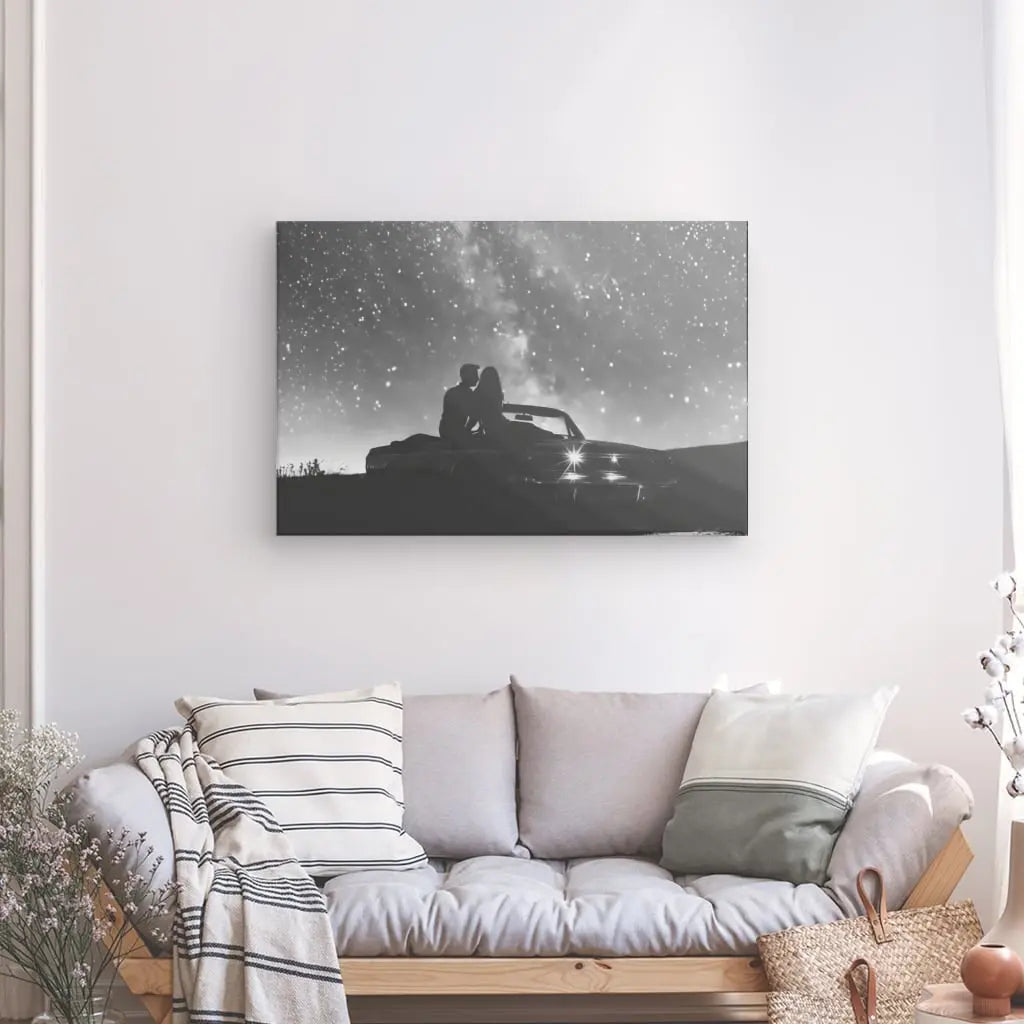 Tableau Couple Amoureux Voiture Ciel Etoilé Noir et Blanc - #tag1# - #tag2# 