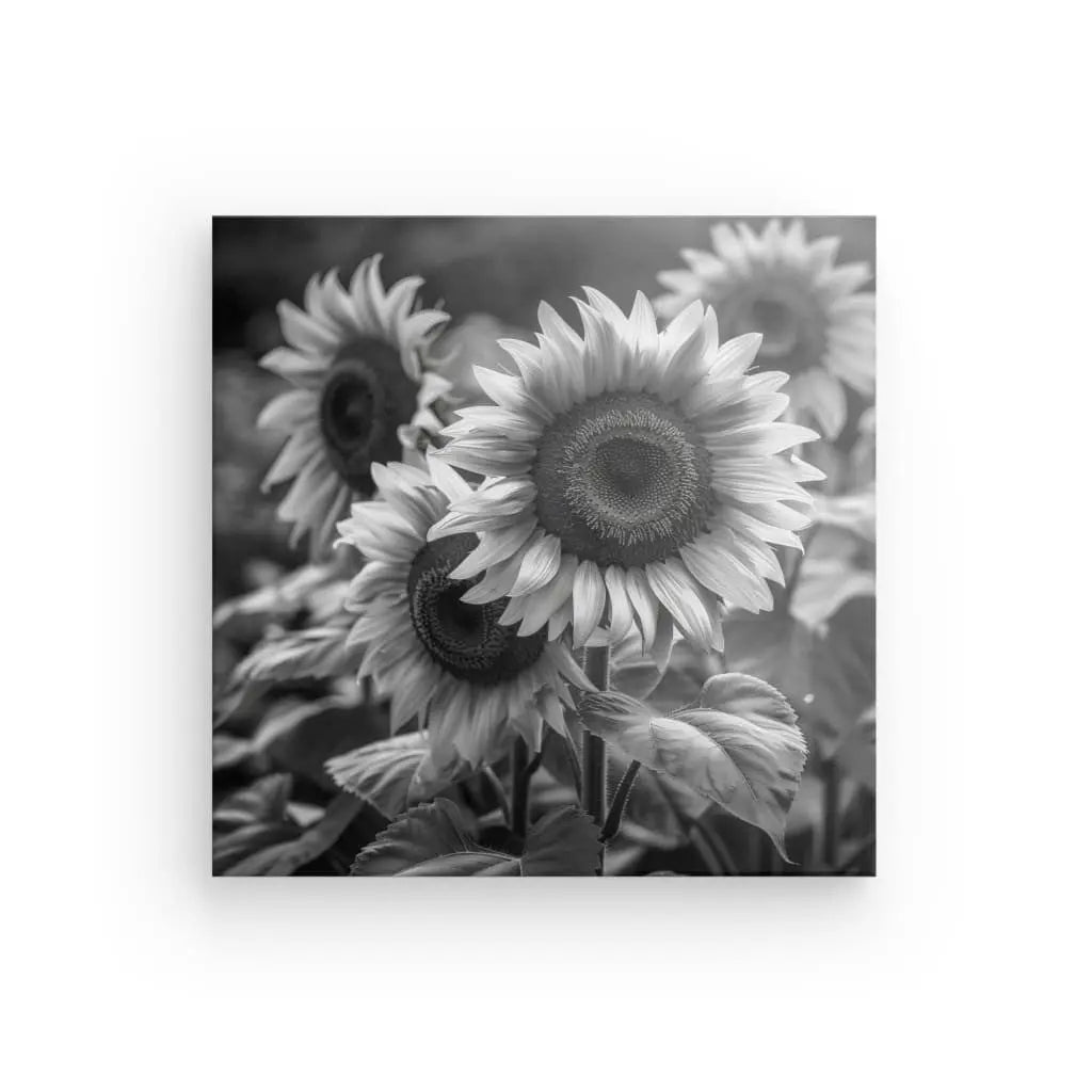 Photographie en noir et blanc de tournesols en pleine nature avec le point focal sur le grand tournesol central au premier plan. Ce superbe Tableau Tournesols Nature Noir et Blanc est une pièce de décoration intérieure parfaite, apportant élégance et calme à n'importe quelle pièce.