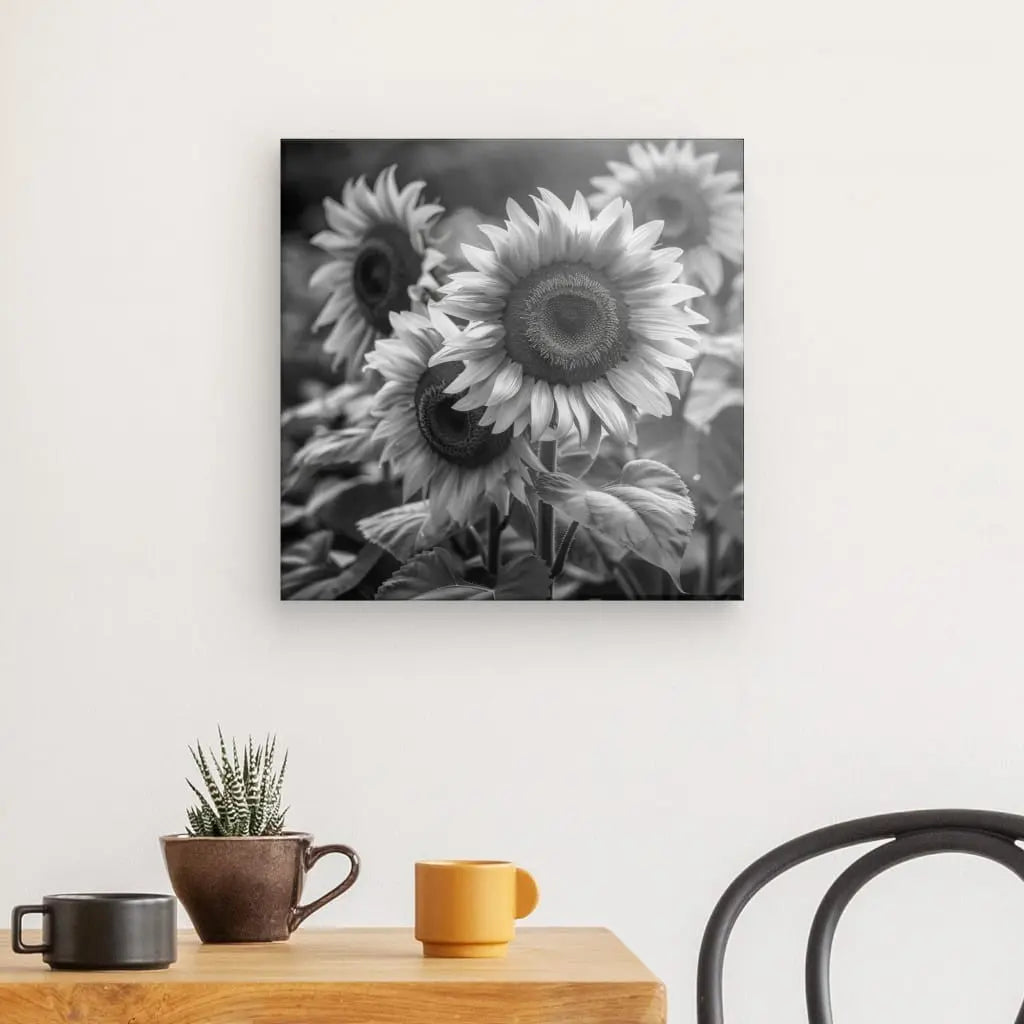 Un Tableau Tournesols Nature Noir et Blanc est accroché sur un mur blanc au-dessus d'une table en bois avec une petite plante en pot, une tasse marron et une tasse jaune. Une chaise noire est visible à droite de la table.