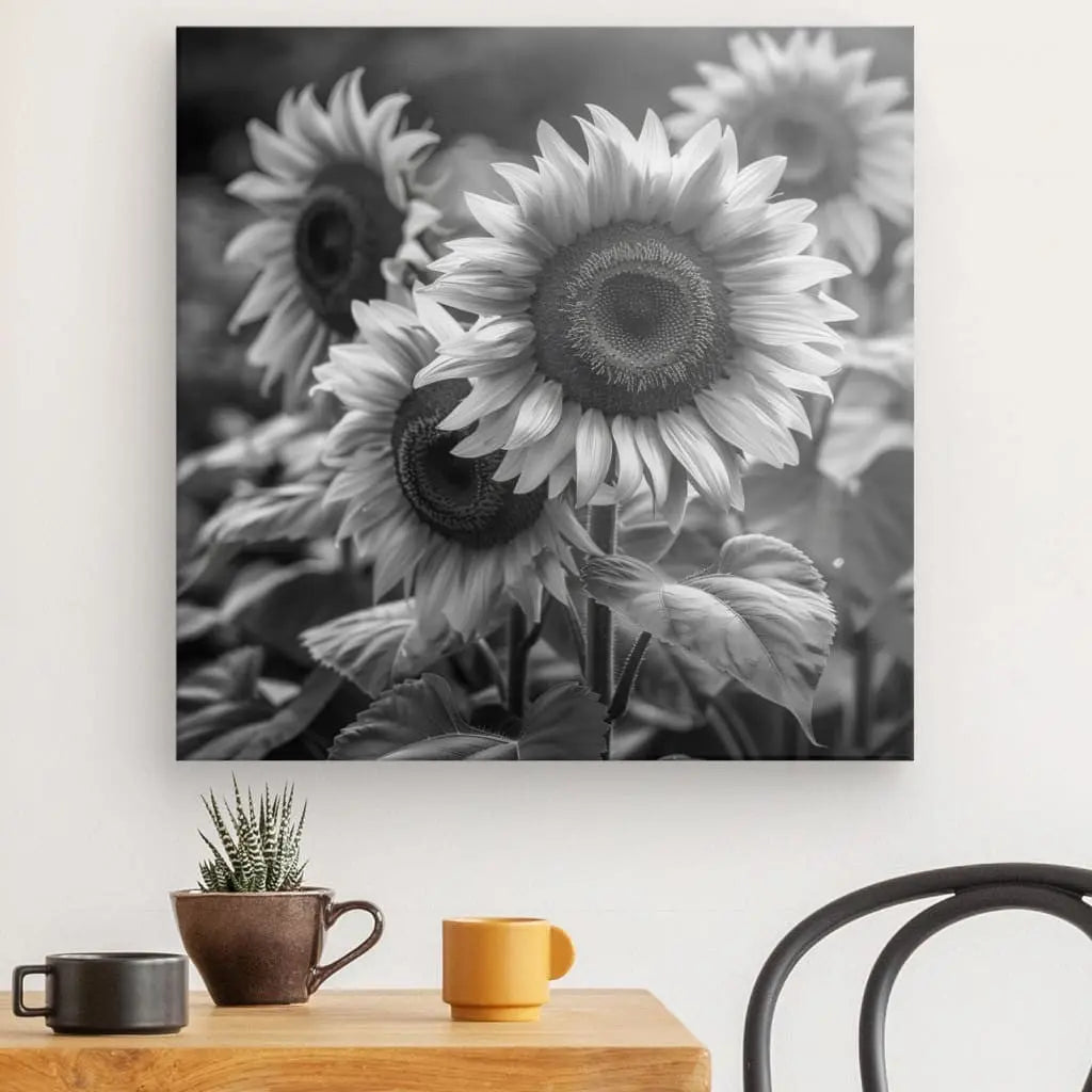 Le Tableau Tournesols Nature Noir et Blanc orne le mur. En dessous, une table en bois accueille deux tasses, une marron et une jaune, ainsi qu'une petite plante en pot. Une chaise noire est partiellement visible, une touche parfaite de décoration intérieure.