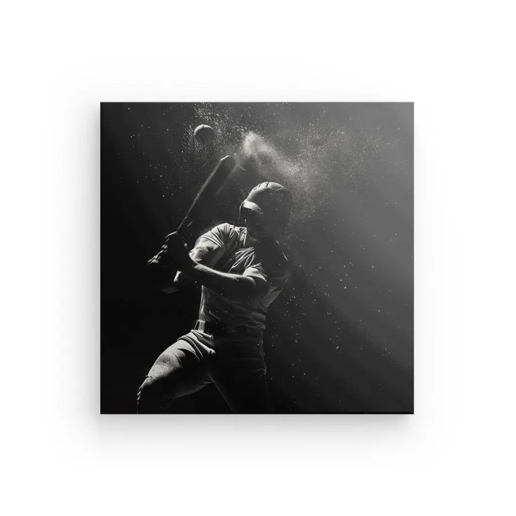 Le Tableau Baseball Ralenti Noir et Blanc capture un joueur de baseball en plein swing, avec une balle qui approche et des particules de poussière visibles dans l'air - une pièce parfaite de décoration sportive qui illustre le sport et le mouvement.