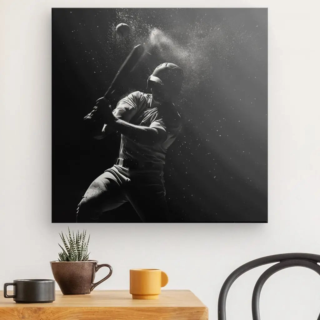 Un Tableau Baseball Ralenti Noir et Blanc représentant un joueur de baseball balançant une batte est accroché sur un mur blanc au-dessus d'une table avec une petite plante, une tasse foncée, une tasse jaune et une chaise, ajoutant un élément de décoration sportive à l'espace.