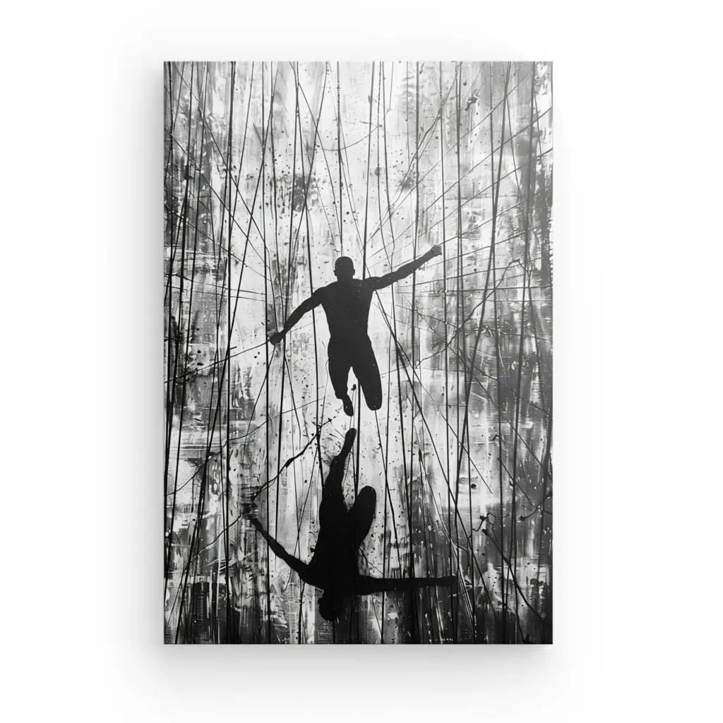 Abstract black and white silhouette artwork featuring dynamic figures.