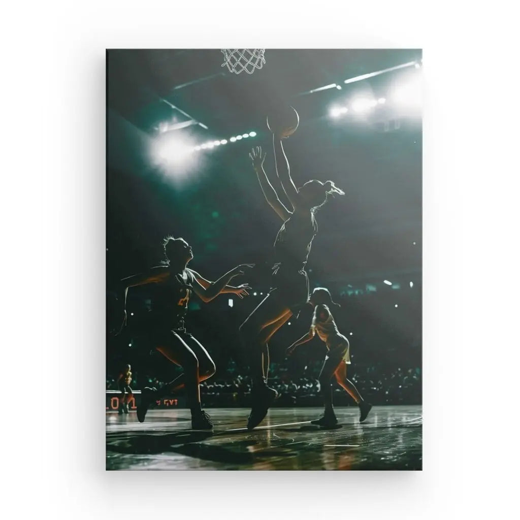 Un basketteur saute pour tirer tandis que deux défenseurs tentent de bloquer dans un terrain intérieur faiblement éclairé pendant un match, capturant l'intensité de l'action de basket-ball dans le Tableau Photographique Basketteuses en action.