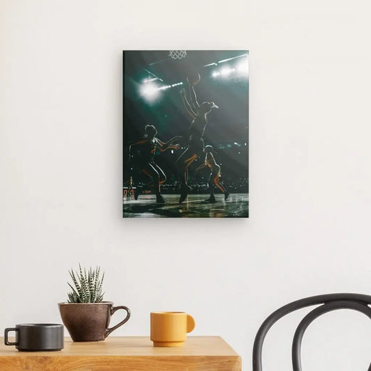 Un « Tableau photographique Basketteuses en action » encadré est accroché sur un mur de couleur claire au-dessus d'une table avec une plante en pot, une tasse marron et une tasse jaune. Une chaise noire est partiellement visible à droite.