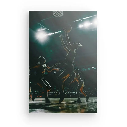 Dans une représentation saisissante du « Tableau photographique Basketteuses en action », une joueuse de basket-ball saute pour lancer le ballon vers le panier tandis que deux défenseurs tentent de la bloquer. La scène est illuminée par des lumières vives au plafond, mettant en valeur l'intensité de cette photographie sportive vibrante.