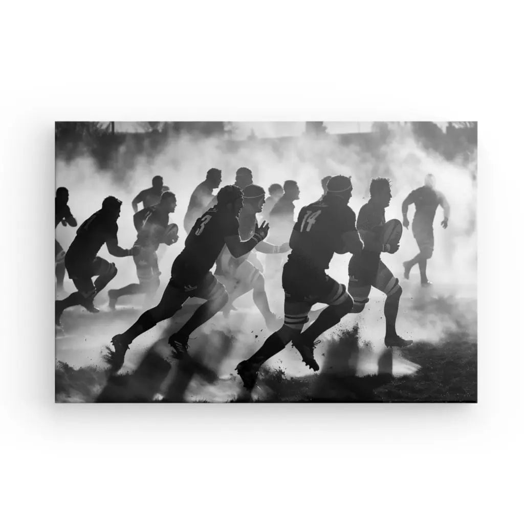 Silhouettes of rugby players running in a misty field.