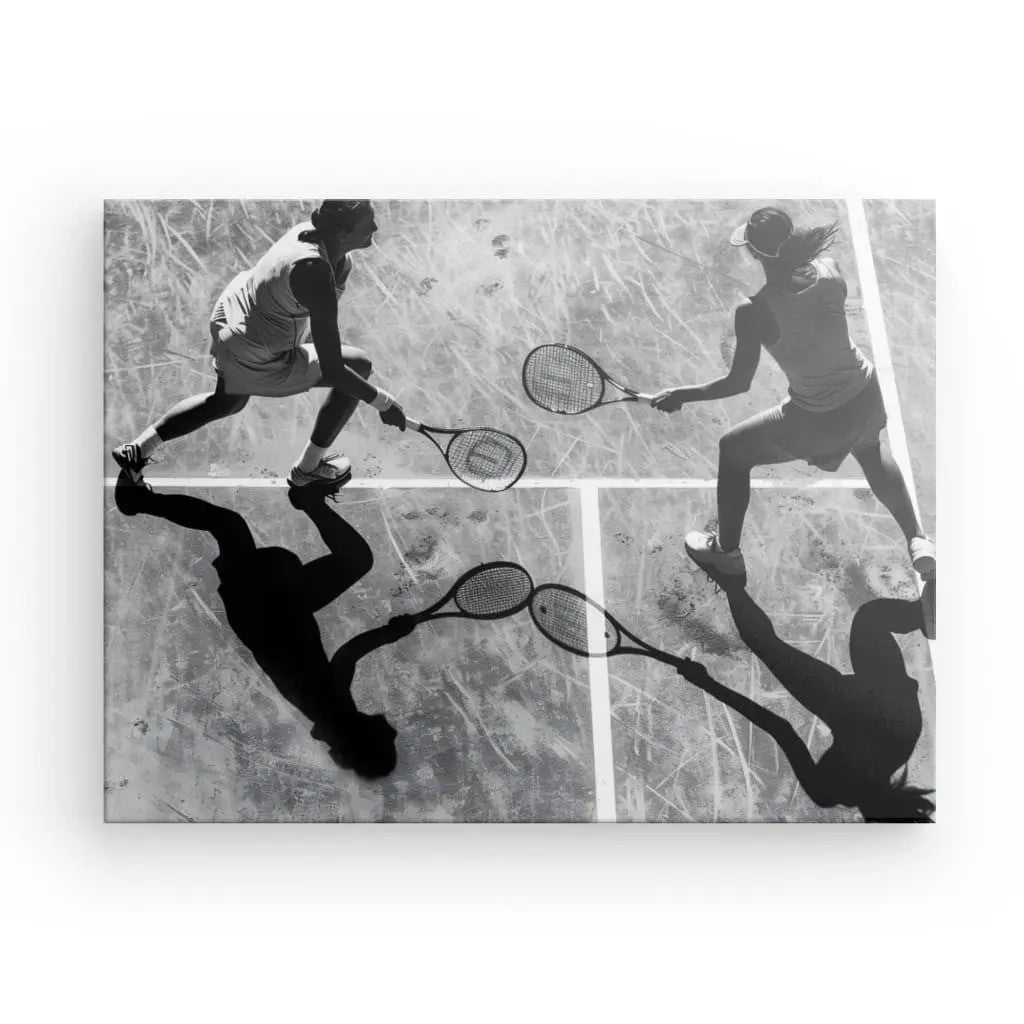 Une image en noir et blanc montre deux personnes jouant au tennis, capturées en pleine action sur le court. Leurs ombres sont également visibles sur le sol, créant une scène saisissante parfaite pour les amateurs d'art sportif et de décoration intérieure. Ce visuel époustouflant est capturé de manière experte dans le Tableau Cours Tennis Doublette Noir et Blanc.