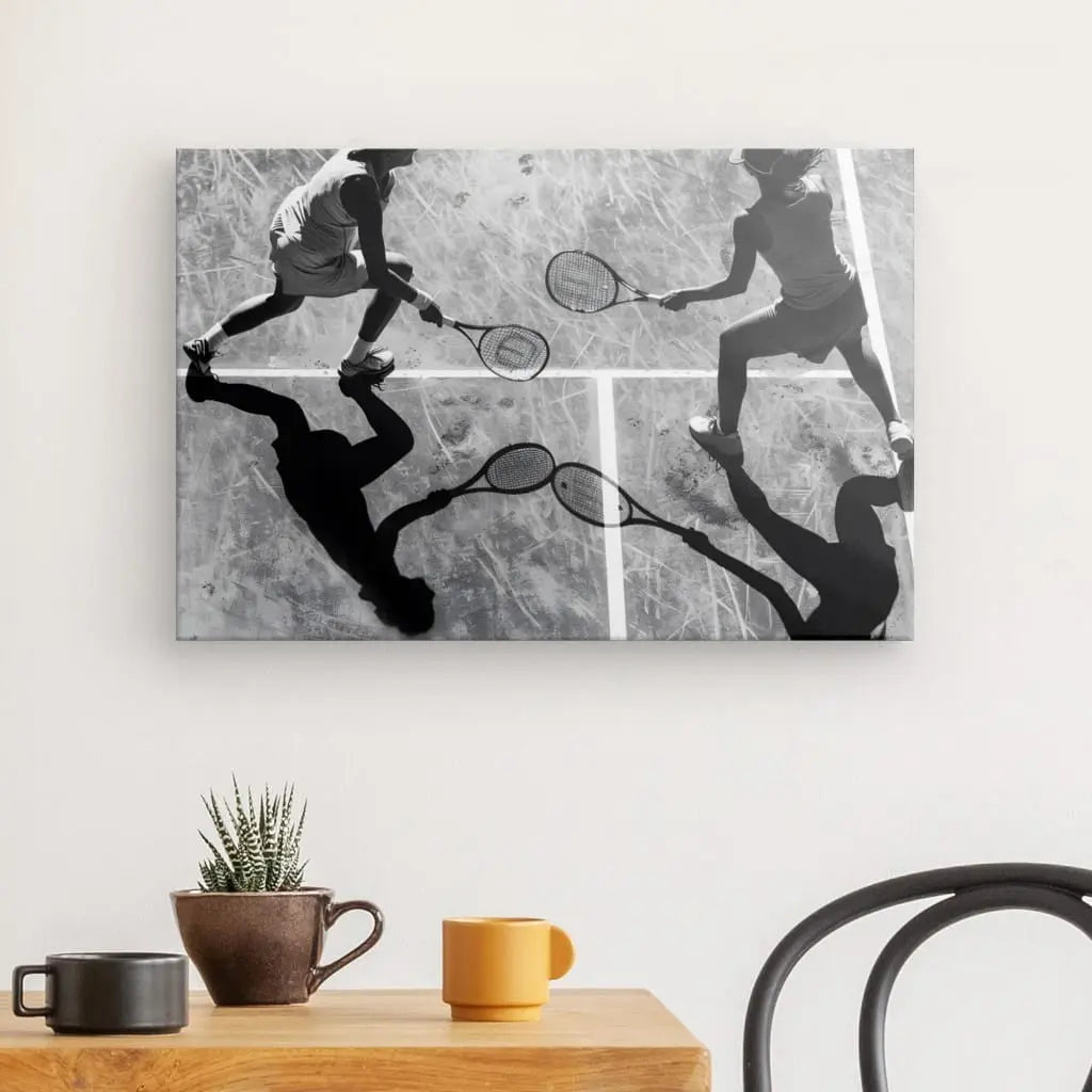 Le Tableau Cours Tennis Doublette Noir et Blanc, représentant deux joueurs de tennis et leurs ombres en pleine action, est suspendu au-dessus d'une table en bois ornée d'une petite plante en pot et de deux tasses, ajoutant une touche de décoration intérieure.