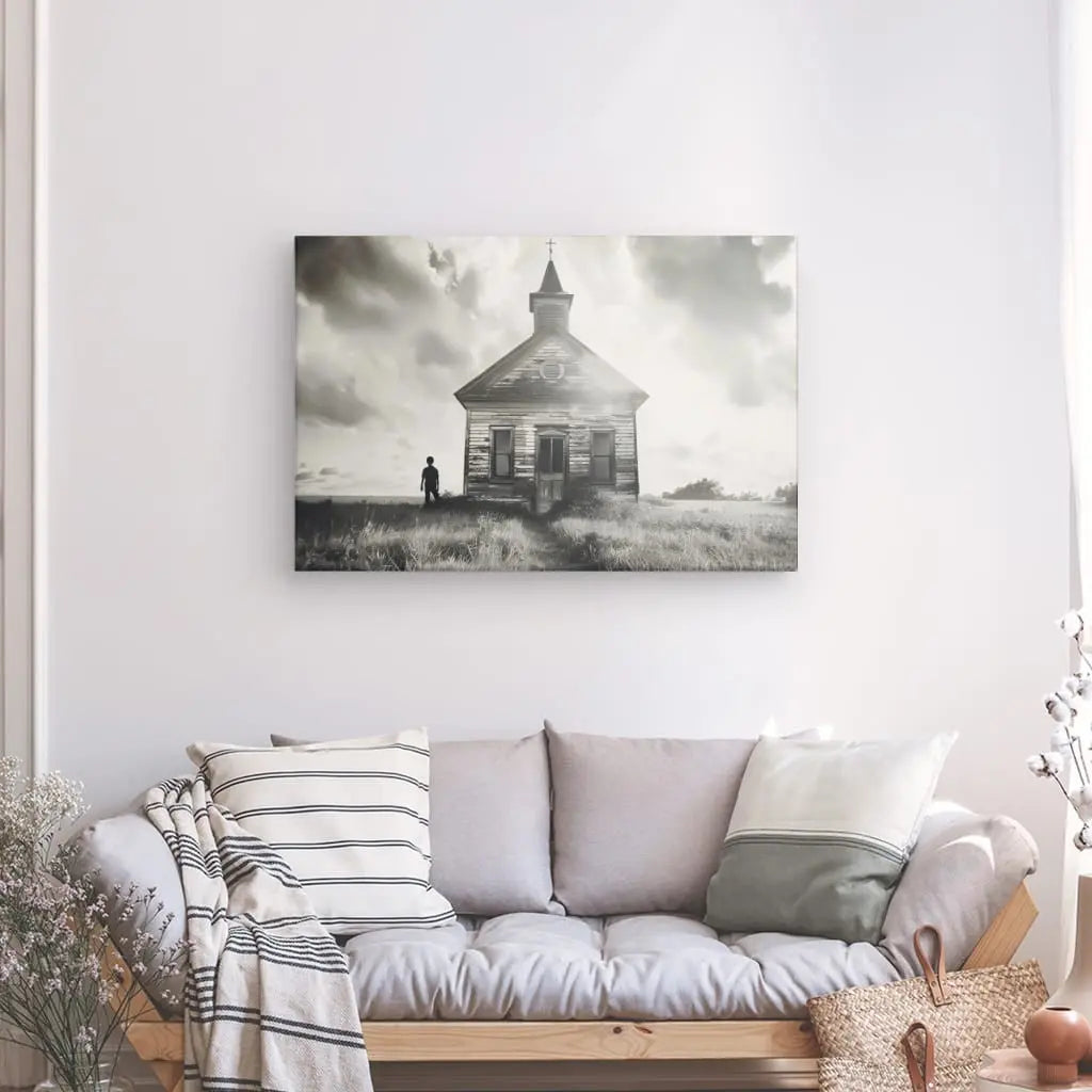 Tableau Eglise Campagne Nuage et Soleil Monochrome - #tag1# - #tag2# 