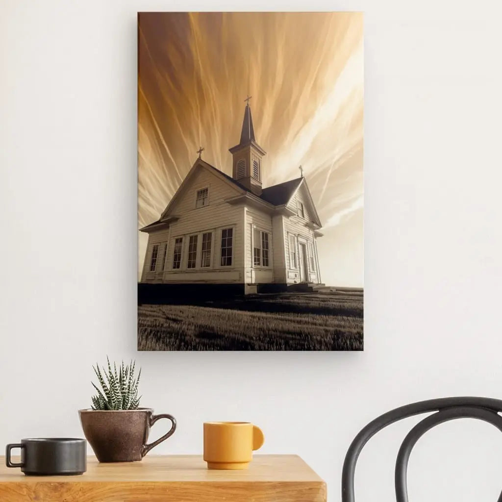 Le « Tableau Eglise Catholique Ciel Doré », une reproduction photographique aux couleurs saturées d'une église blanche avec un clocher, est accroché au mur au-dessus d'une table en bois ornée d'une petite plante, d'un mug et d'une tasse. Une chaise noire est partiellement visible à côté de ce classique du design polyvalent.