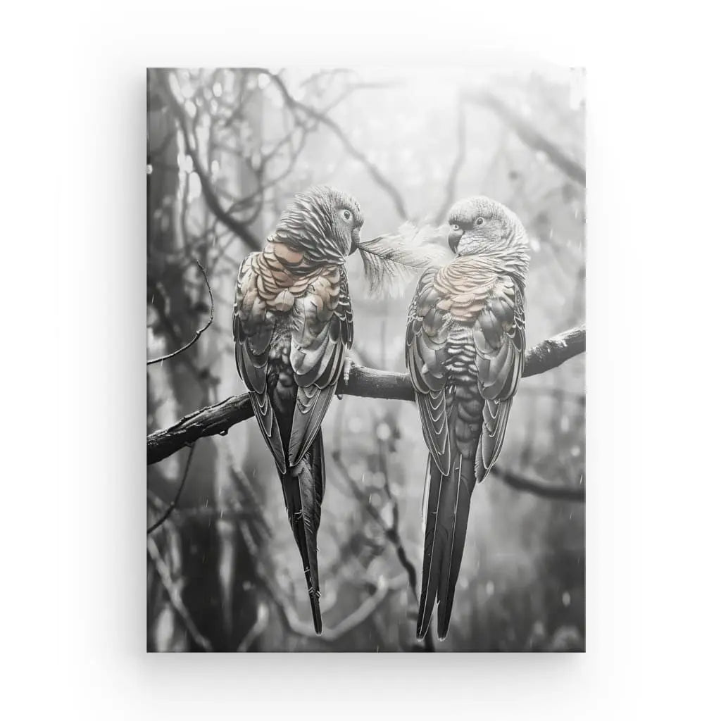 Deux oiseaux aux plumes à motifs se perchent étroitement sur une branche dans un environnement brumeux, l'un des oiseaux lissant les plumes de l'autre. Ce moment serein est capturé de manière vivante sur le Tableau Perruches Inséparables Branche Monochrome Rosé, une toile tendue à la main avec des encres HP latex de haute qualité.