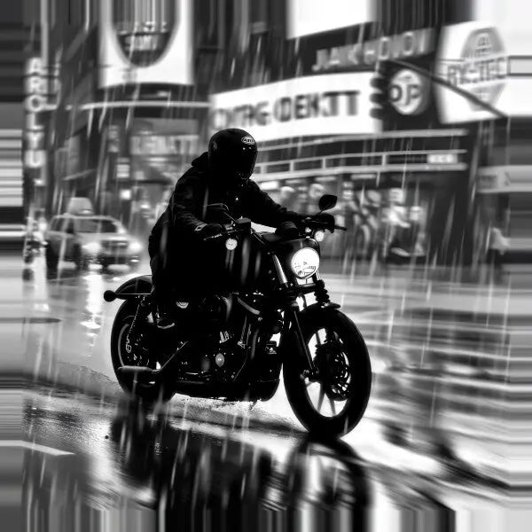 Un motocycliste en vêtements sombres traverse une rue pluvieuse de la ville la nuit avec des lumières floues et des bâtiments en arrière-plan, créant un classique du design polyvalent - le Tableau Motard Ville Pluvieuse Nuit Noir et Blanc - parfait pour être capturé sur une toile à texture fine.