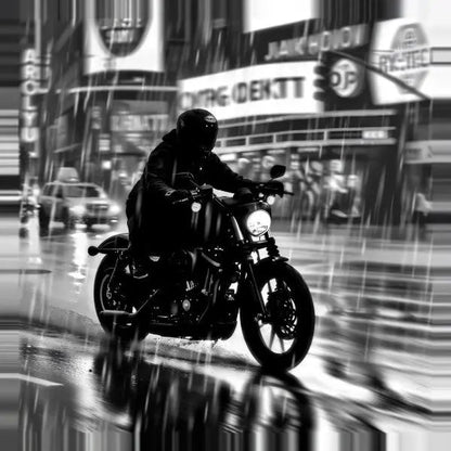 Tableau Motard Ville Pluvieuse Nuit Noir et Blanc - #tag1# - #tag2# 