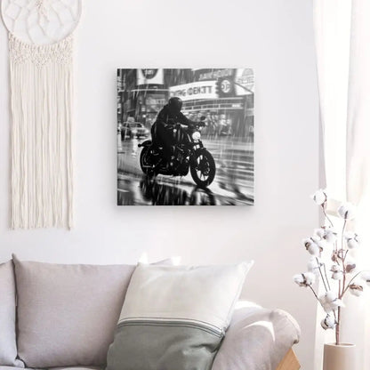 Tableau Motard Ville Pluvieuse Nuit Noir et Blanc - #tag1# - #tag2# 