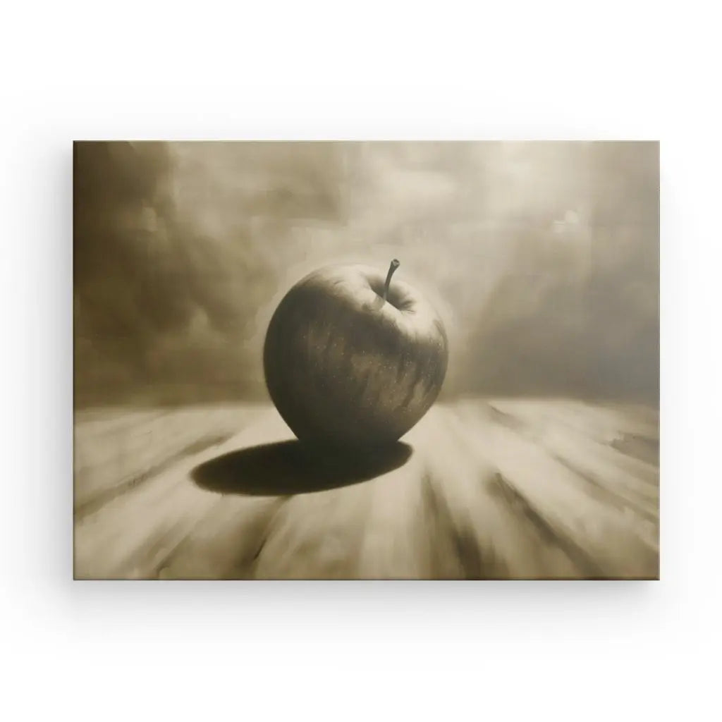 Monochrome still life art featuring a golden apple on a table.