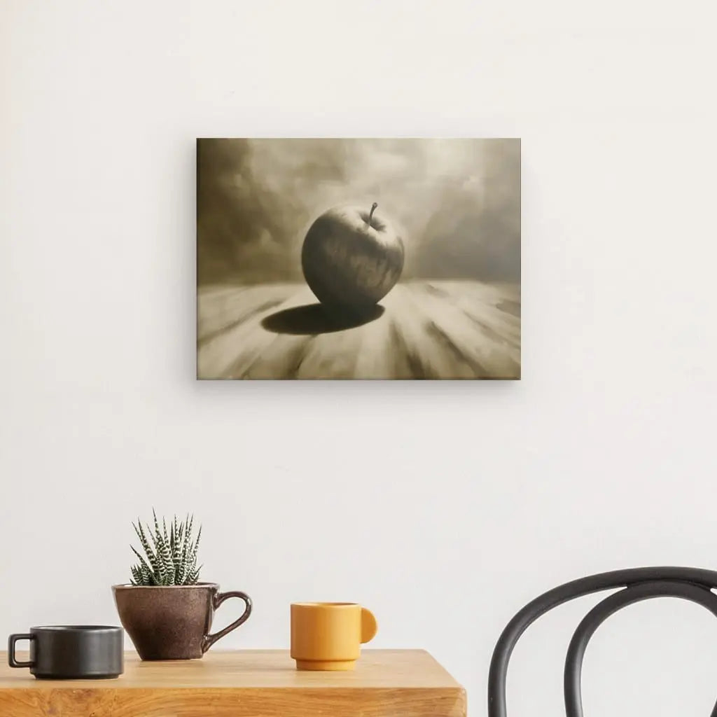 Monochrome still life artwork featuring a single apple on display.