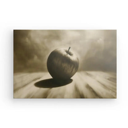 Monochrome still life painting of a single apple.