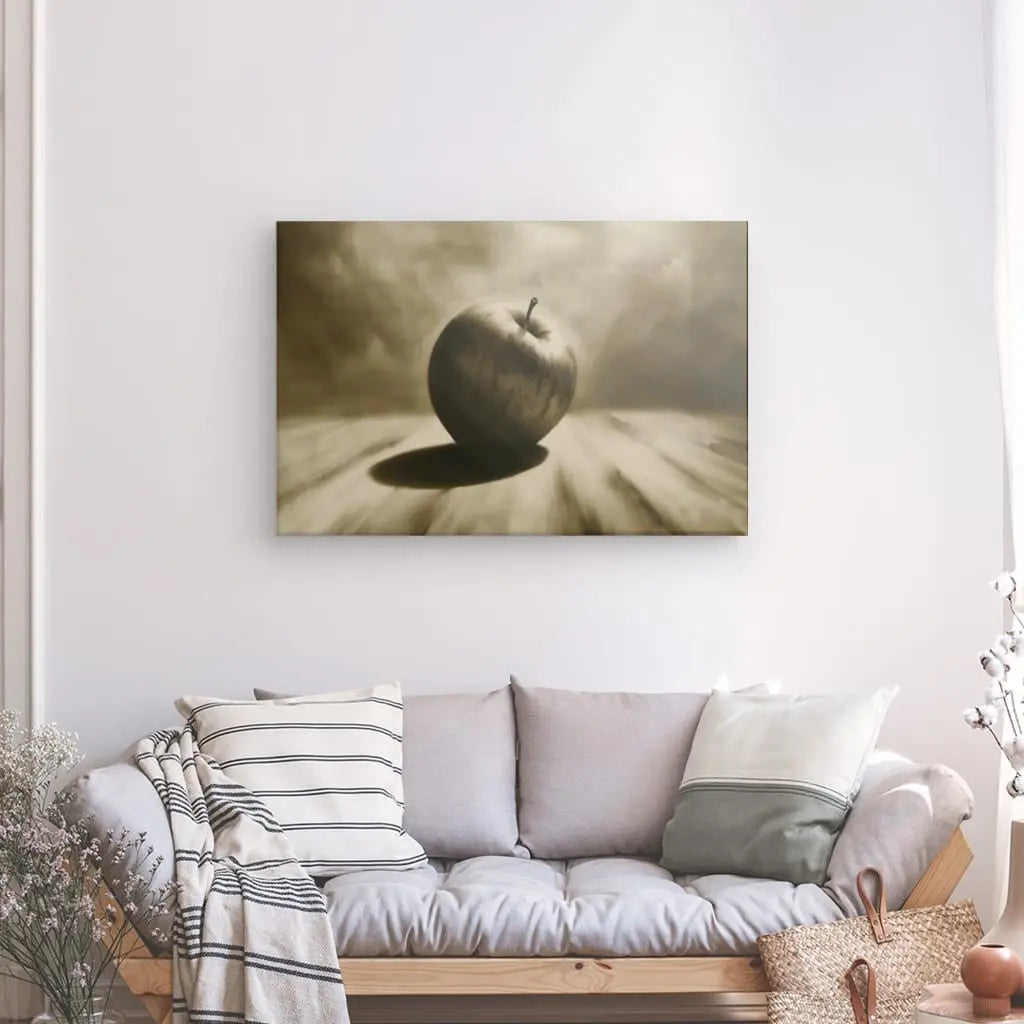 Monochrome apple art piece in a modern living room setting.