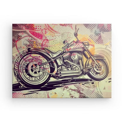 Le tableau moto dessin pop art présente une illustration stylisée d'une moto aux détails complexes. Le fond coloré et abstrait mélange des éléments du tableau moto pop art, mettant en valeur le moteur, les pneus et le cadre de la moto, ce qui le rend parfait pour la décoration urbaine.