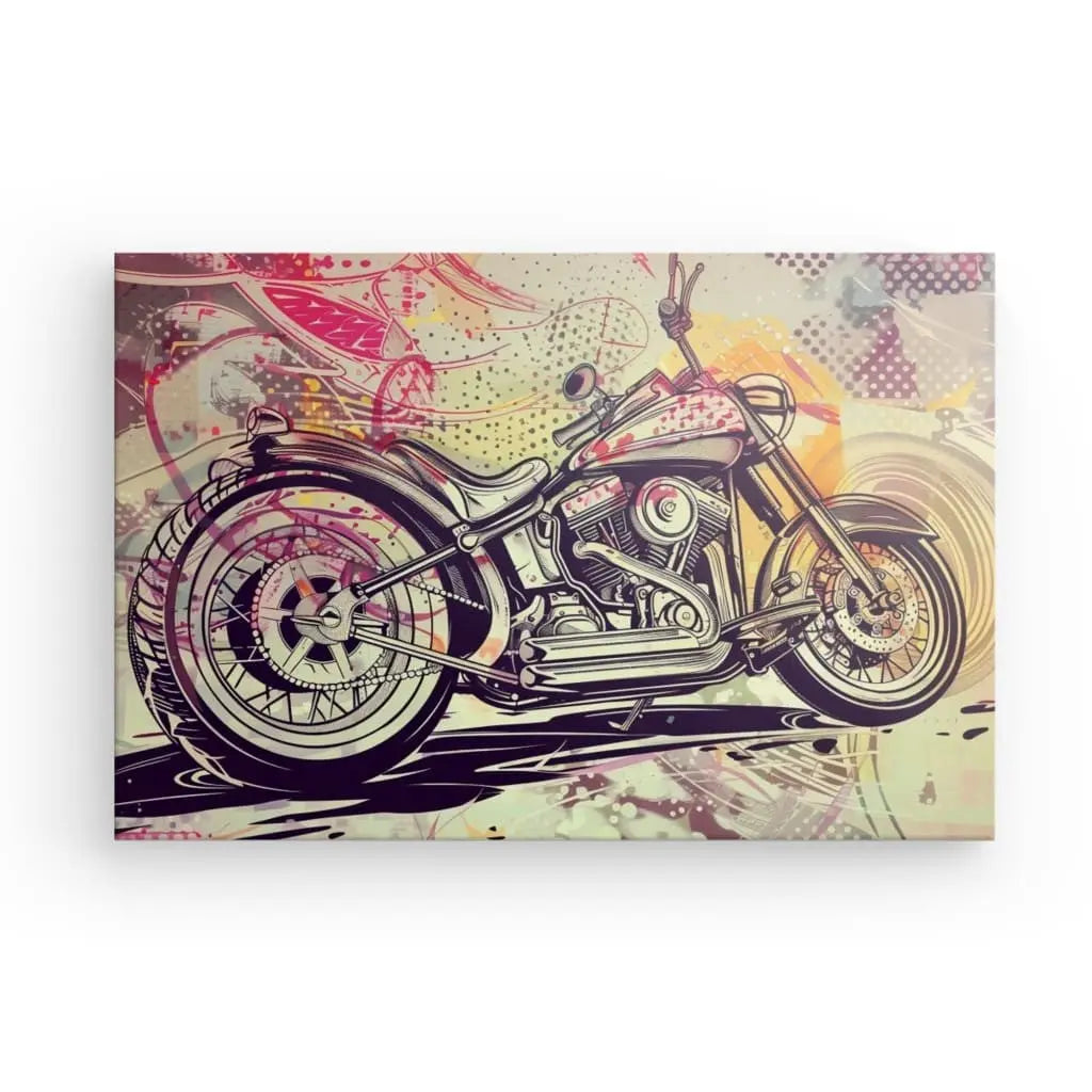 Découvrez l'attrait artistique du Tableau Moto Dessin Pop Art, présentant une illustration stylisée d'une moto avec des détails complexes et des lignes dynamiques sur un fond vibrant et abstrait, idéal pour la décoration urbaine.