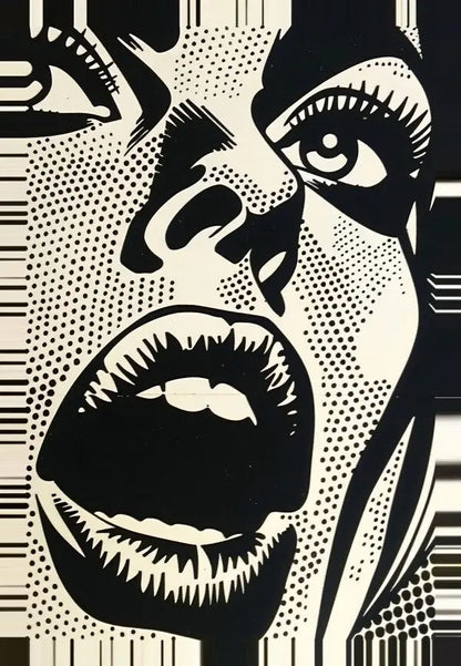 Pop art monochrome woman screaming, bold graphic design artwork.