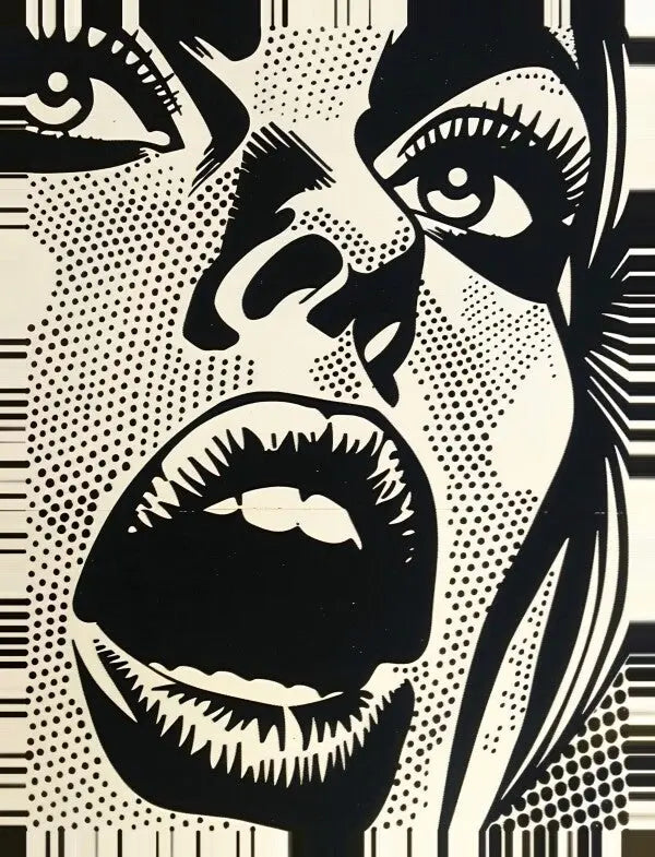 Pop art monochrome scream woman's face illustration, striking design.