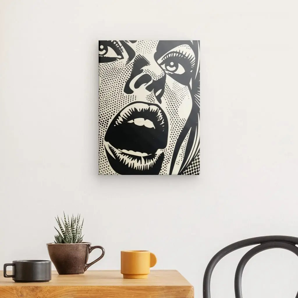 Pop art monochrome wall art featuring expressive female face.